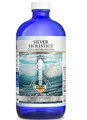 Silver Holistics colloidal silver liquid 16oz bottle front view highlights glass protection and purity.