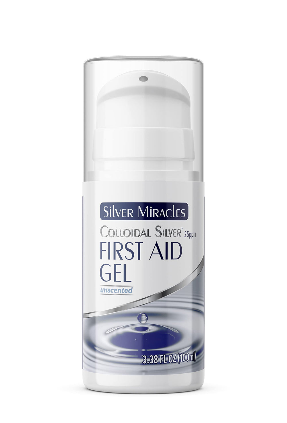 Silver Miracles colloidal silver first aid gel in airless bottle for touch-free soothing
