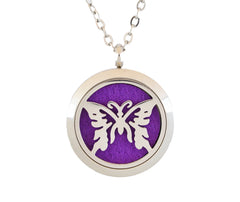 Simply Essential Solutions butterfly2 pendant close-up in stainless steel for daily aromatherapy