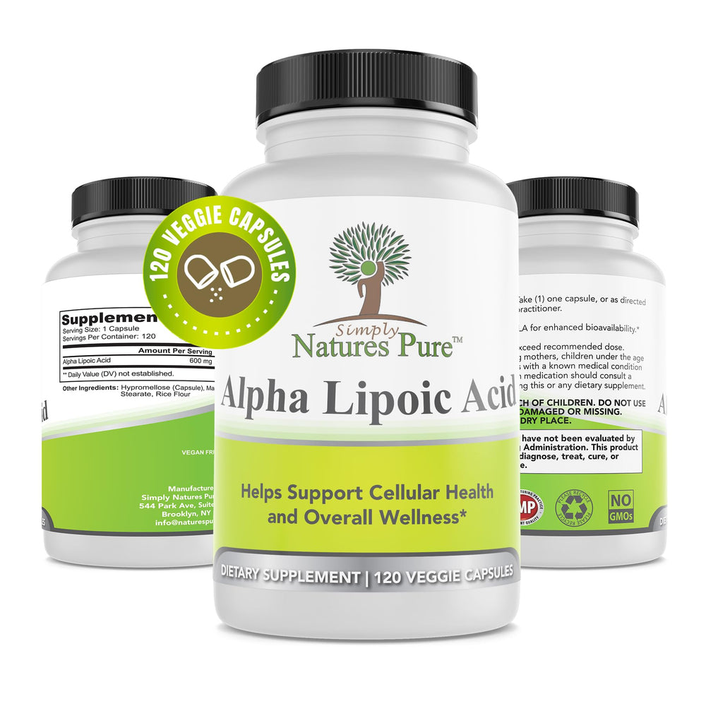 Simply Natures Pure Alpha Lipoic Acid 600mg bottle - clear daily-use dosage