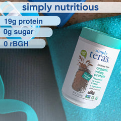 Simply tera's dark chocolate whey powder tub with rich flavor