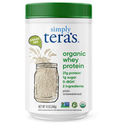 Pouring Simply Tera's Organic whey powder into a shaker for a clean protein boost.