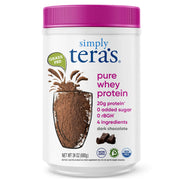 Simply Tera's Pure Whey Dark Chocolate bottle offers clean label protein for daily workouts.