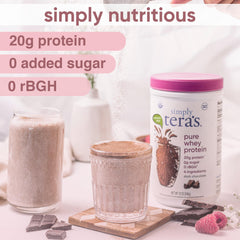 Simply tera's Pure Whey label closeup highlights clean ingredients and non-GMO quality