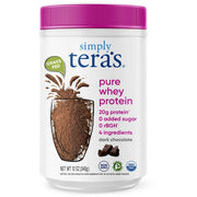 Simply tera's Pure Whey Dark Chocolate tub shows clean label protein for everyday shakes