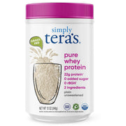 Simply Tera's Pure Whey Protein Powder container showcases clean ingredients.