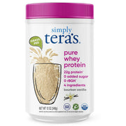 Simply Teras Pure Whey Vanilla Powder label highlights clean ingredients and nutrition