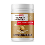 SimplyFUEL chickpea protein powder tub open, highlighting pure plant protein for clean nutrition.