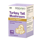 Sino-Sci Turkey Tail packaging front highlights PSK and PSP content for immune support
