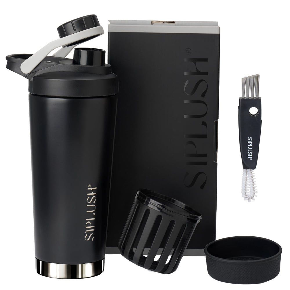 SIPLUSH Paradise Shaker Bottle front view with a stylish onyx and silver finish for daily hydration