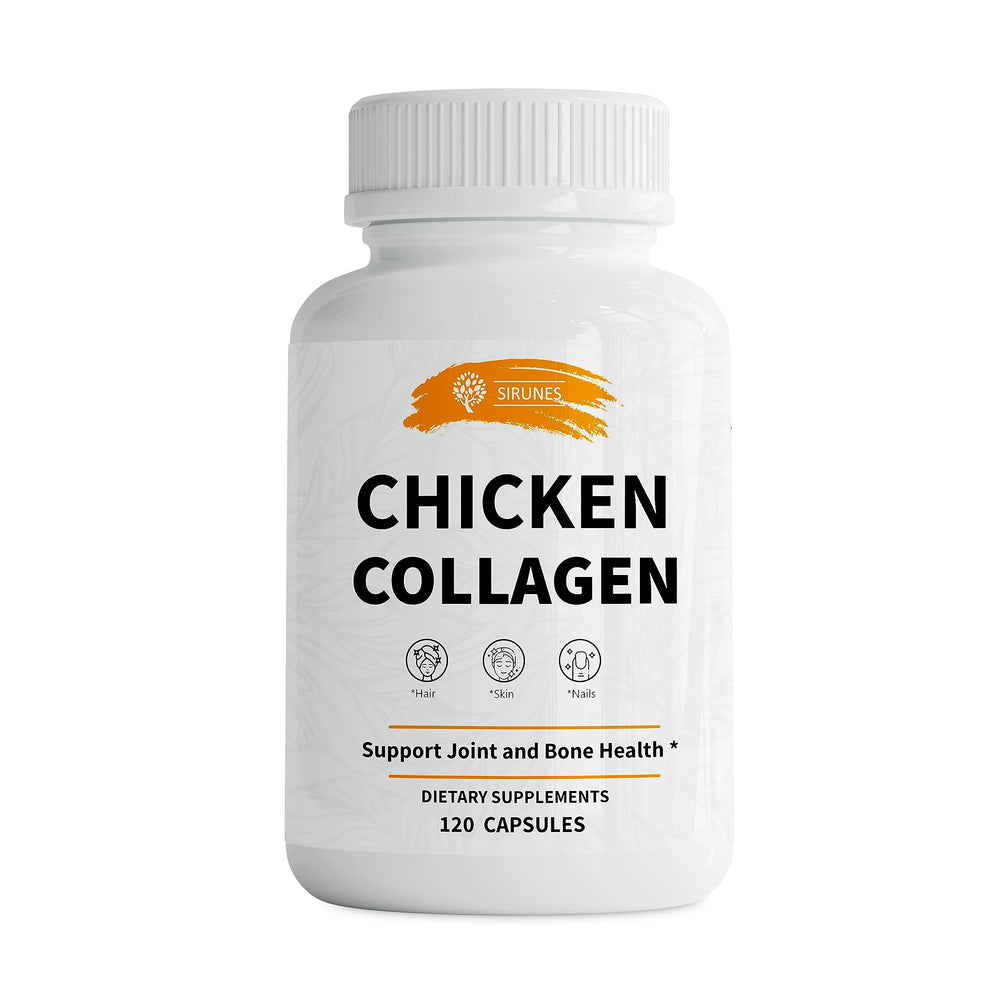 SIRUNES chicken collagen capsules packshot highlighting non-GMO formula for joint support.