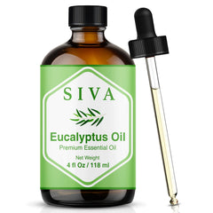 SIVA Eucalyptus essential oil bottle for diffusion and aromatherapy benefits.