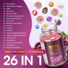 Sizyok NAD Resveratrol Gummies ingredients-label highlights 26-in-1 complex for absorption