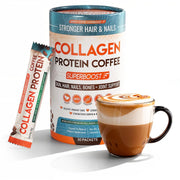 Skinny Coffee SuperBoost bottle labeled with NSF-certified collagen, signaling clean energy.