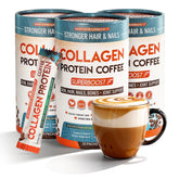 Skinny Coffee SuperBoost collagen powder in a jar supports steady energy and digestion.
