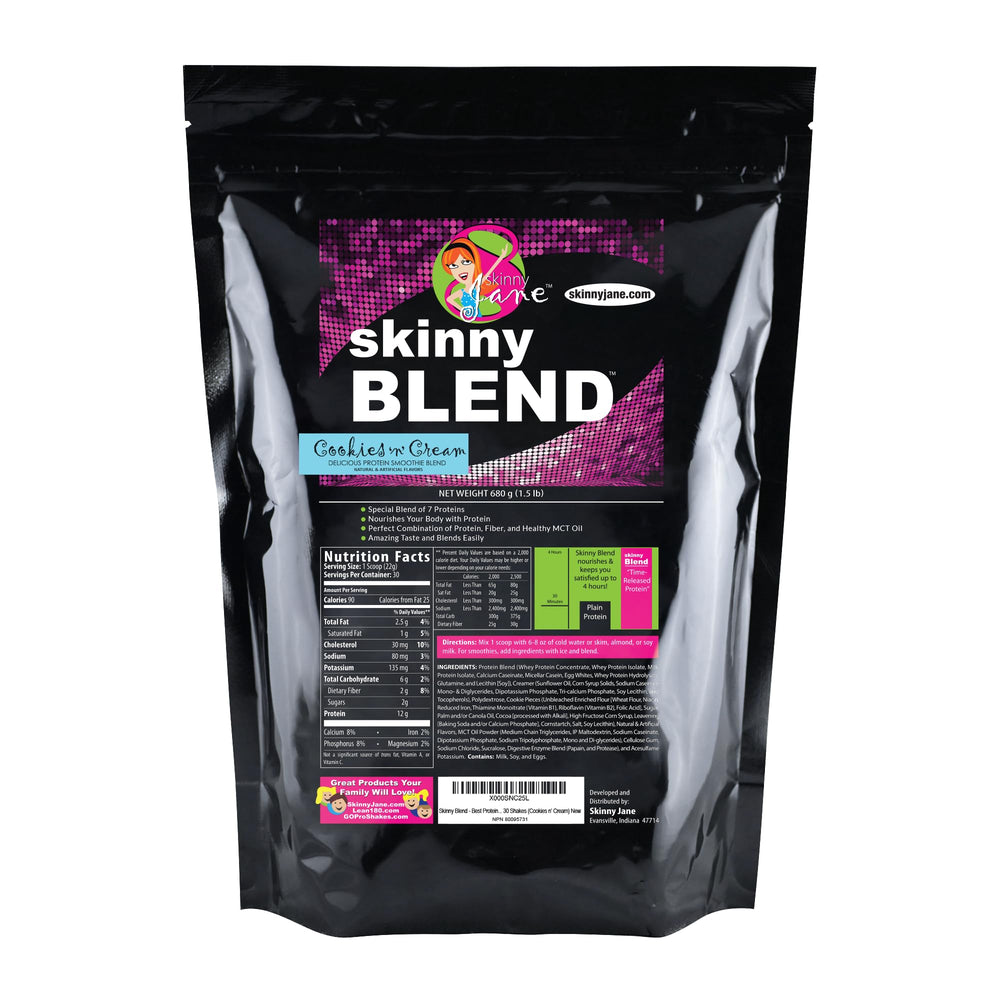 Skinny Jane Skinny Blend cookies and cream shake being poured for a satisfying high-protein snack.