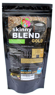 Skinny Jane Skinny Blend Gold bottle pour shows creamy vanilla shake with low sugar appeal.
