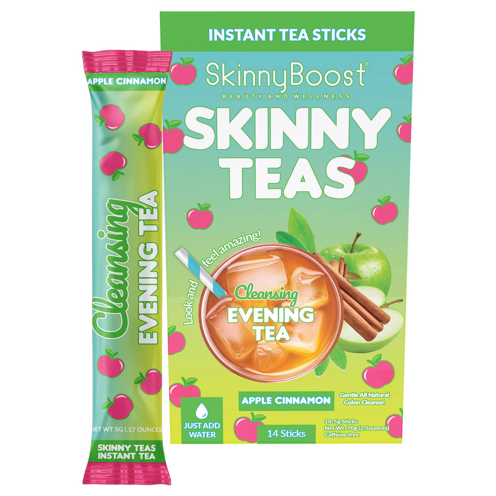 SkinnyBoost Skinny Teas Instant Tea Sticks packaging highlights a natural detox blend.