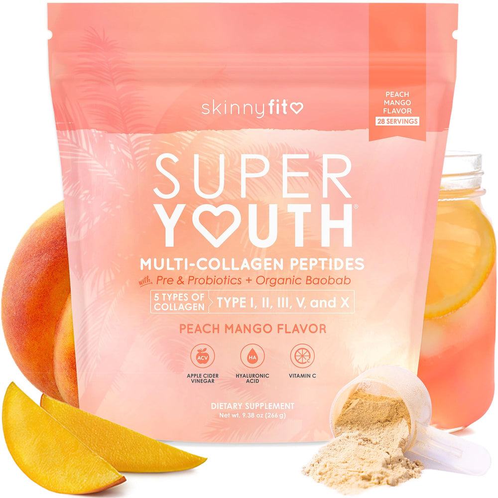 Bottle of SkinnyFit Super Youth on counter for daily skin and joint support