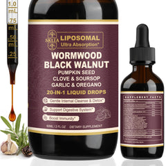 SKLIA 20-in-1 liposomal wormwood cleanse drops bottle shown for rapid gut support