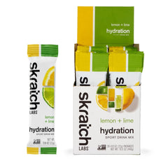 Skratch Labs Hydration Packets lemon-lime twist tear-open packet for easy on-the-go hydration.