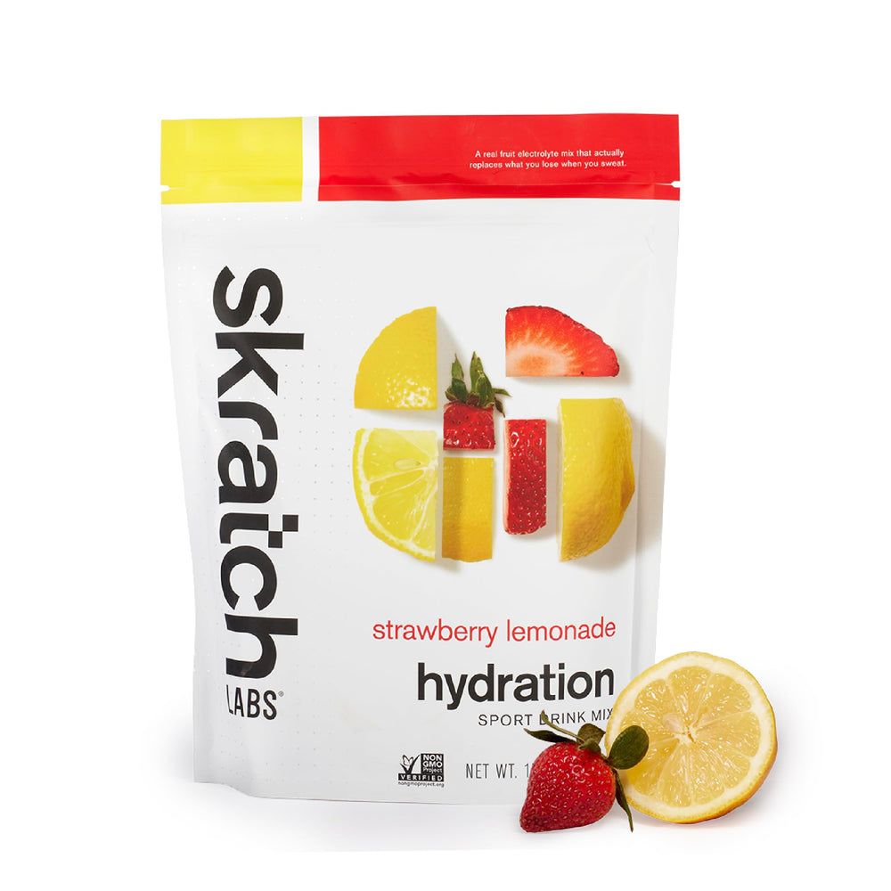 Skratch Labs Hydration Powder strawberry lemonade tub ready for workouts and steady hydration.