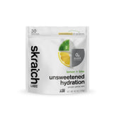 Skratch Labs Unsweetened Hydration bottle label shows real fruit hydration on the go
