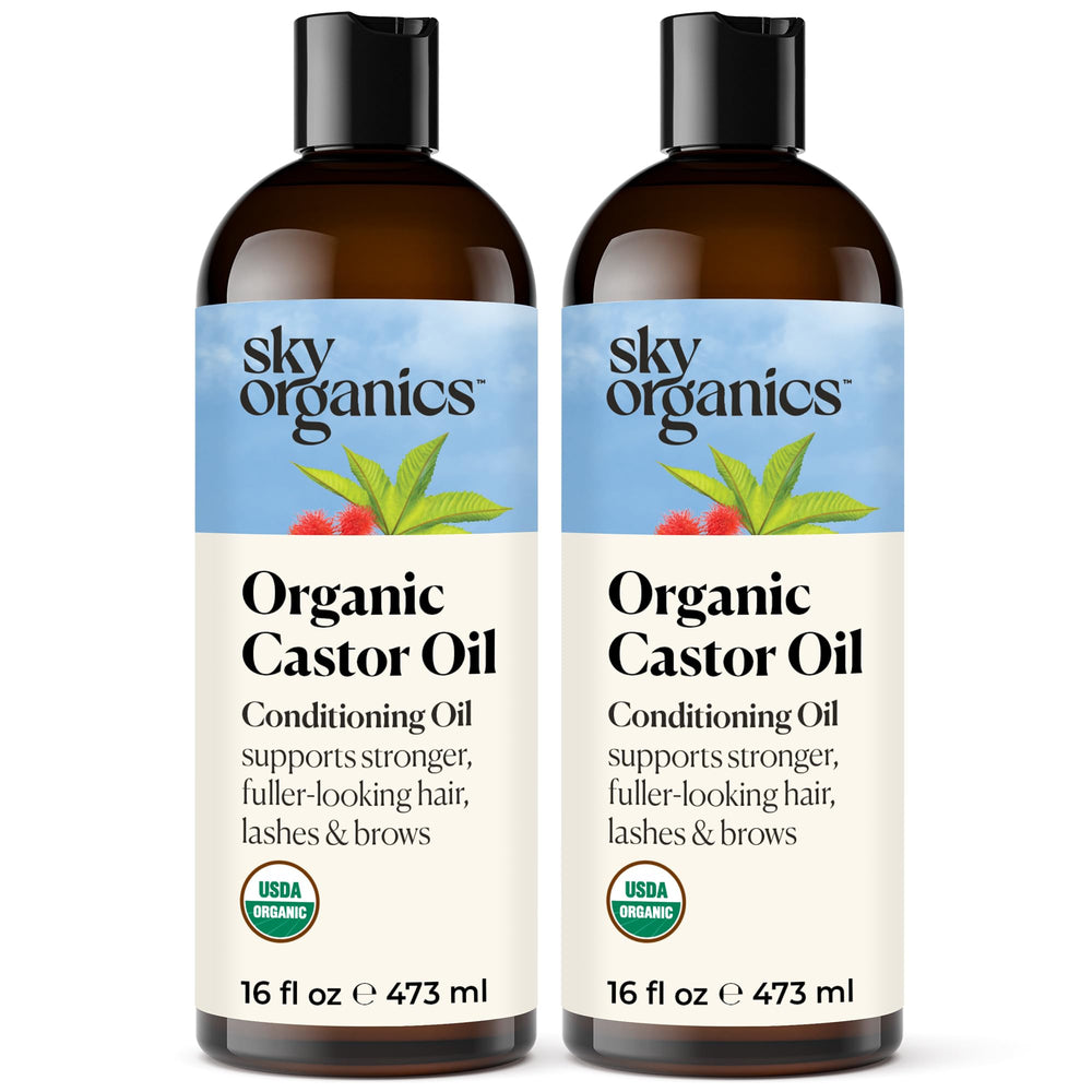Sky Organics castor oil bottle pour nourishes scalp and hair.