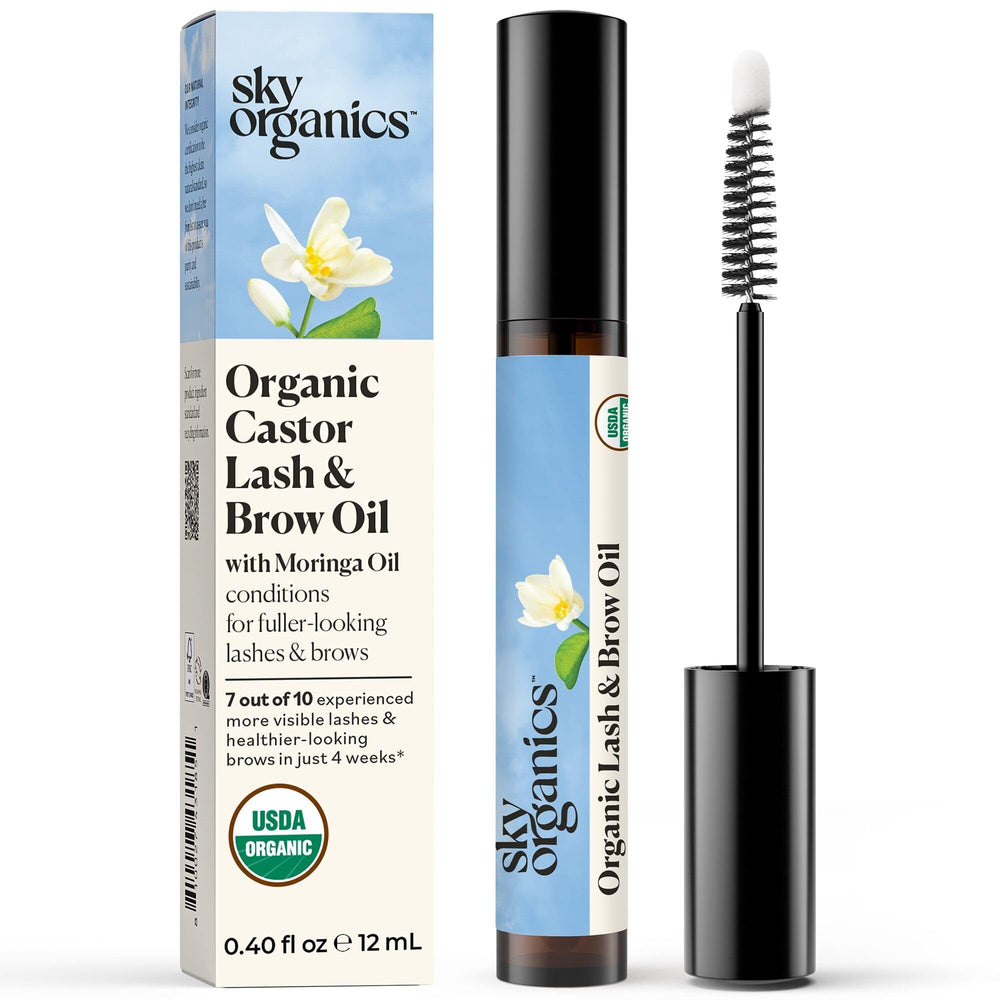 Sky Organics lash-brow oil bottle shows a botanical conditioning blend.