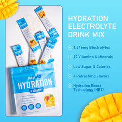 SkyMD Daily Hydration mango packet label highlighting six electrolytes and vitamins