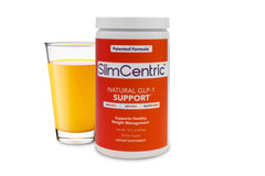 SlimCentric GLP-1 bottle front showing natural, non-GMO formula for daily metabolism support.