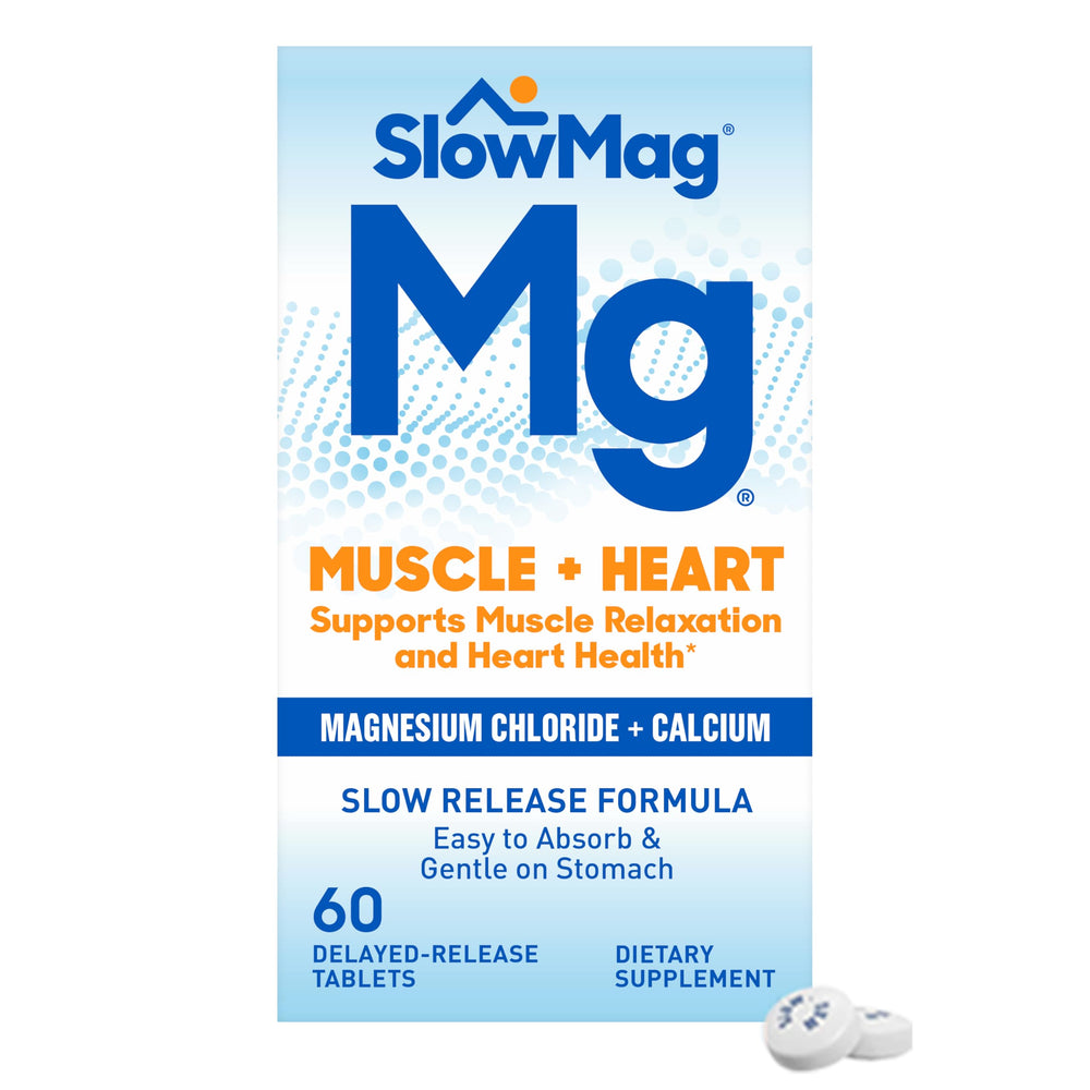 Slow-Mag Muscle and Heart bottle on the counter for daily relaxation support.
