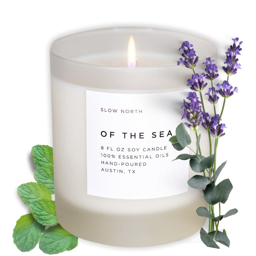 Slow North of the Sea candle in a reusable frosted jar for clean, mindful ambiance.