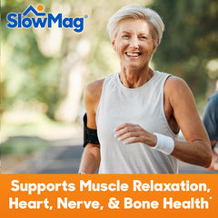 SlowMag bottle label noting calcium added for normal muscle function.