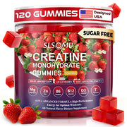 Slsomu Creatine Monohydrate Gummies pack shot highlighting sugar-free formulation for workouts.
