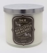 S&M Candle Factory Eucalyptus Spearmint candle in a large 3-wick jar creates a calming home ambience.