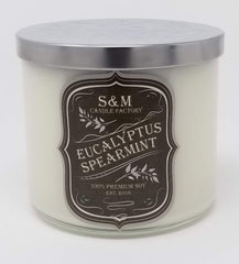 S&M Candle Factory Eucalyptus Spearmint candle in a large 3-wick jar creates a calming home ambience.