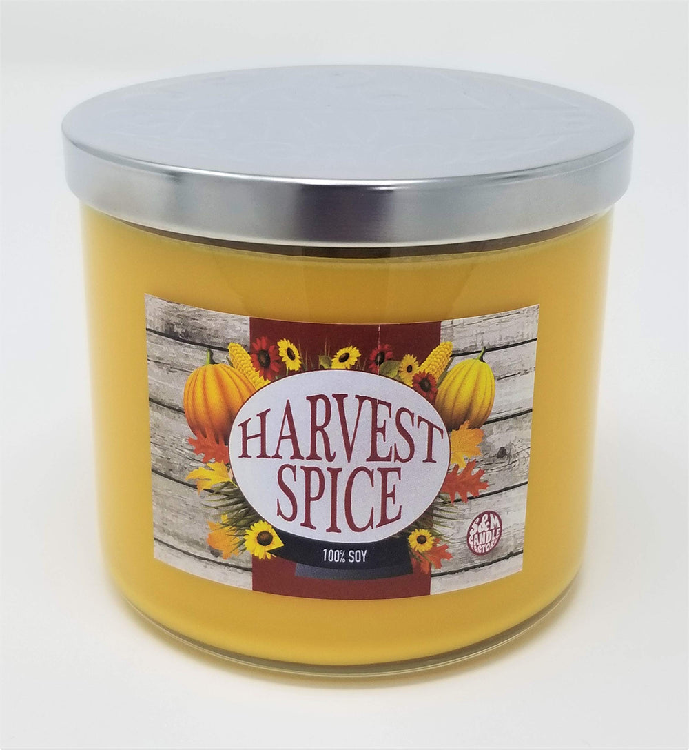 S&M Candle Factory Harvest Candle in large 3-wick jar for cozy evenings.