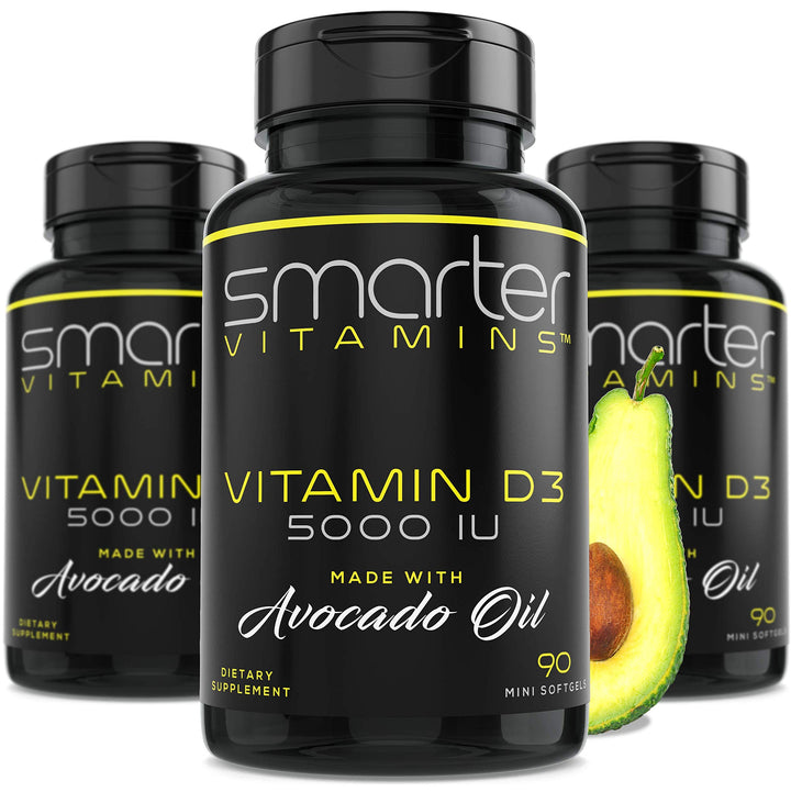 SmarterVitamins D3 5000 IU avocado oil bottle front for daily bone support.