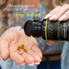 SmarterVitamins D3 mini softgels closeup highlighting easy swallow design.