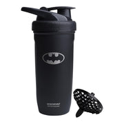 Smartshake Batman bottle close-up highlighting durable stainless steel for reliable daily hydration.