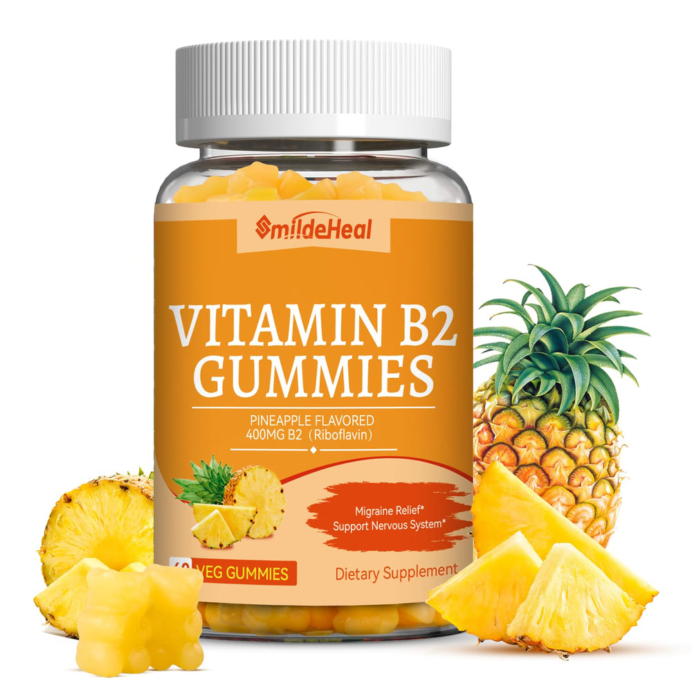 SmildeHeal Vitamin B2 Gummies bottle reveals the pineapple flavor and energy-support formula.