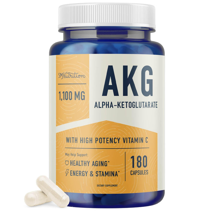 SMNutrition AKG bottle front shows 1100mg per serving for sustained energy.