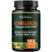 SMNutrition Ashwagandha 1300 mg frente a la botella, posible apoyo al manejo del estrés diario