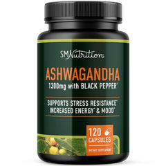 SMNutrition Ashwagandha 1300 mg frente a la botella, posible apoyo al manejo del estrés diario