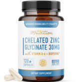 SMNutrition Chelated Zinc Glycinate bottle highlights high-absorption zinc for immune support.