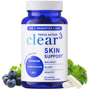SMNutrition Clear Skin bottle label showcasing zinc and probiotics for skin support.