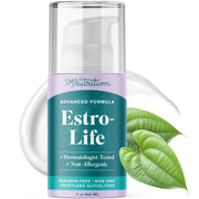 SMNutrition Estro-Life balance cream pump bottle on bathroom shelf for daily skincare.