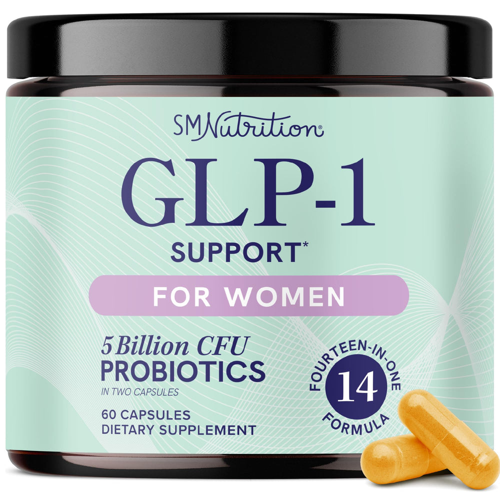 SMNutrition GLP-1 Support for Women bottle on a clean counter promoting daily wellness