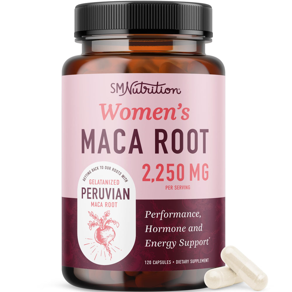 SMNutrition Maca root bottle showing red, black, and yellow powders for balanced energy.